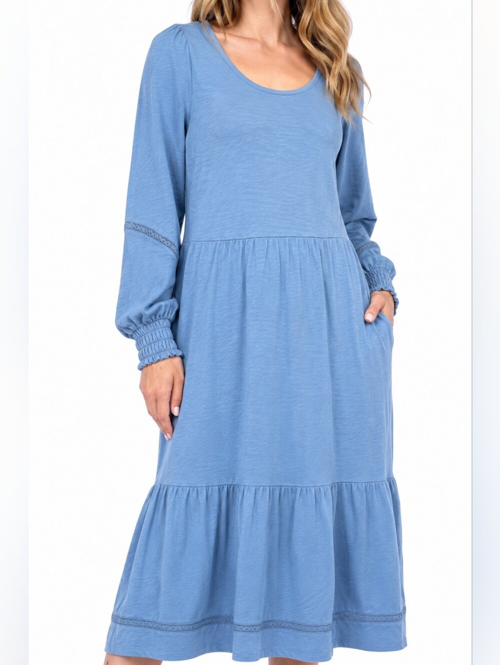 Canyon Retreat Blue Tiered Midi Dress Cotton Linen Blend Medium summer chic